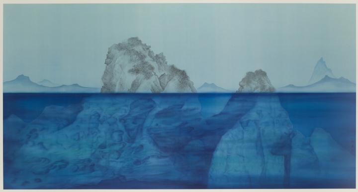 徐累作品《海天三号》,在山水、海天的对仗中寻找传统笔法精神在当下的意味。
徐累作品《海天三号》,在山水、海天的对仗中寻找传统笔法精神在当下的意味。