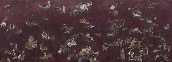 《紫光土》146 x 395cm 墨、矿物彩、绢,裱于布面 2013
《紫光土》146 x 395cm 墨、矿物彩、绢,裱于布面 2013