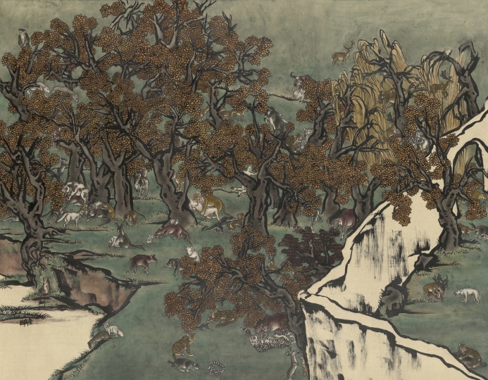 《芥子园 1》95.5 x 121.5cm 墨、矿物彩、绢,裱于布面 2010
《芥子园 1》95.5 x 121.5cm 墨、矿物彩、绢,裱于布面 2010