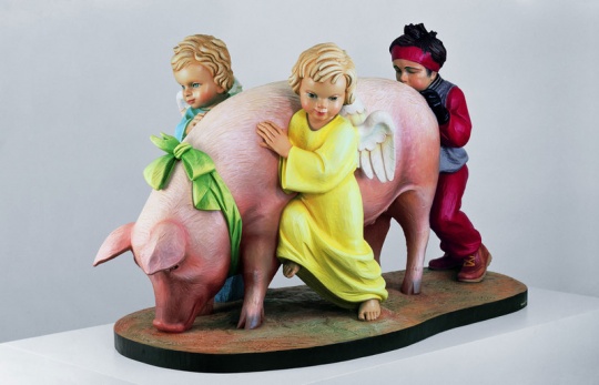 Jeff Koons, Ushering in Banality, 1988. Polychromed wood; 38 × 62 × 30 in. (96.5 × 157.5 × 76.2 cm). Private Collection.

© Jeff Koons
