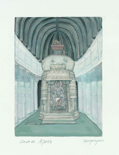《阿旃陀第二十六窟》30×40cm 纸本水墨 2012 
