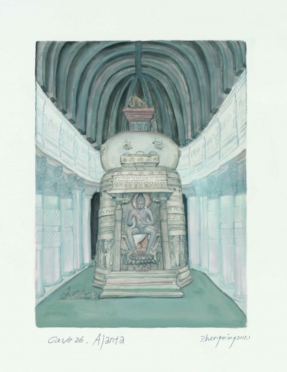 《阿旃陀第二十六窟》30×40cm 纸本水墨 2012
《阿旃陀第二十六窟》30×40cm 纸本水墨 2012