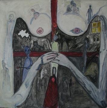 《唱戏-十字架系列之一》布面油画 80x80cm 2008年
《唱戏-十字架系列之一》布面油画 80x80cm 2008年