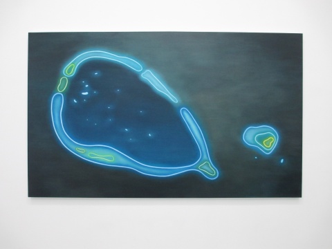 孔令楠的作品《岛屿》系列，被发光的线条所包围，失去了平日里的模样与固有的概念，如同一个具有自我意识的生命体。
