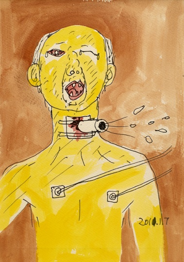 温凌 《切气管后的爸爸 No.1》 26x19cm 纸上喷墨打印和水彩 2012
温凌 《切气管后的爸爸 No.1》 26x19cm 纸上喷墨打印和水彩 2012