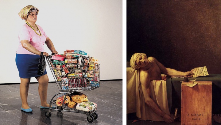 左：杜安·汉森 1970年创作的雕塑作品 《超级市场购物》

右：达维特  1793年创作的作品《马拉之死》
