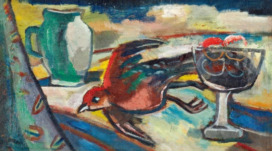 关良创作于70年代的布面油画《雉鸡与果瓶》，成交价345万
