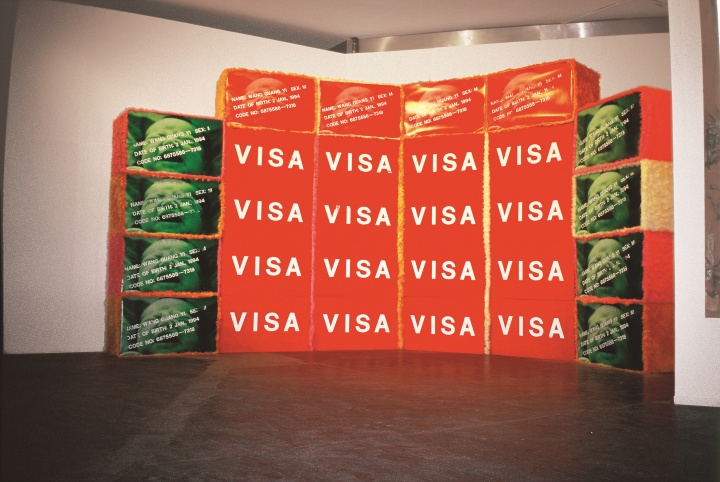 《VISA》   120x80x60cmx33件   装置（人造毛、图片、木箱、丝网印刷等） 1994 
