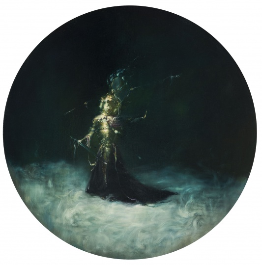 《幻境-三头六臂》 Φ100cm 布面油画 2013
《幻境-三头六臂》 Φ100cm 布面油画 2013