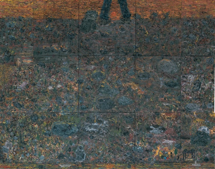 《不毛之地》 300×385cm  (不规则十五联画)多种布上油彩及实物拼贴  2011年
