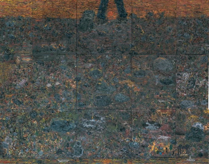 《不毛之地》 300×385cm (不规则十五联画)多种布上油彩及实物拼贴 2011年 《不毛之地》 300×385cm (不规则十五联画)多种布上油彩及实物拼贴 2011年