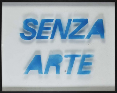 Senza Arte(Without Art) 1990 Spray paint on glass 72 x 90.5 x 3.5 cm / 28 3/8 x 35 5/8 x 1 3/8 in Photo: Claudio Martinez
© Estate of Fabio Mauri Courtesy Estate of Fabio Mauri and Hauser & Wirth
Senza Arte(Without Art) 1990 Spray paint on glass 72 x 90.5 x 3.5 cm / 28 3/8 x 35 5/8 x 1 3/8 in Photo: Claudio Martinez
© Estate of Fabio Mauri Courtesy Estate of Fabio Mauri and Hauser & Wirth