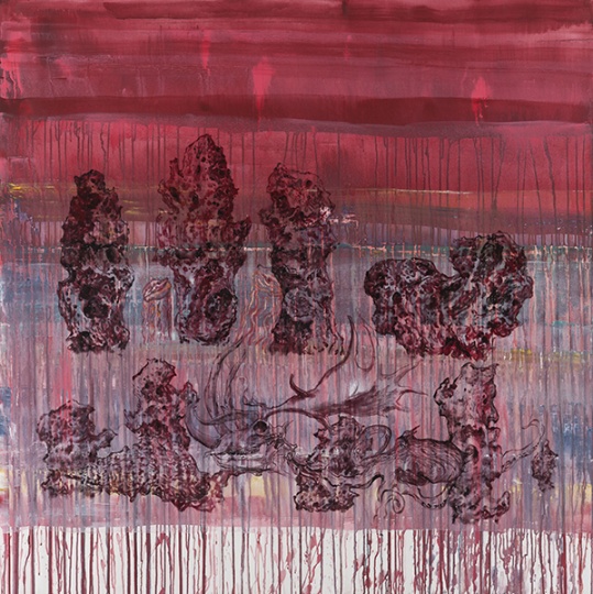 《太岁与石林》布面综合材料 150×150cm 2014年
《太岁与石林》布面综合材料 150×150cm 2014年