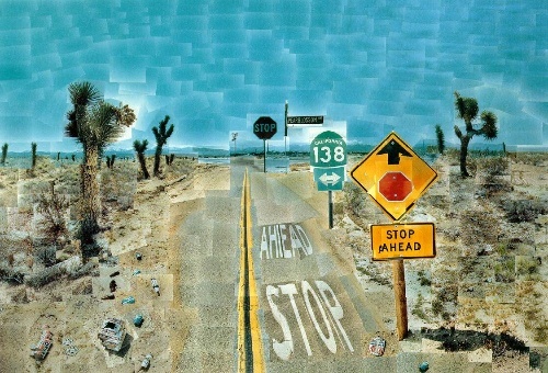 《梨花公路》（Pearblossom Highway）， 77x112 1/2 in，摄影拼贴，1986年，©David Hockney

