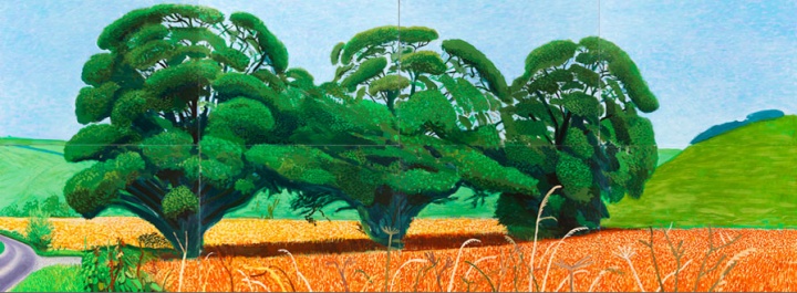 《Three Trees Near Thixendale,Summer》,182.8×487.6cm, 布面油画(8联屏),2007年 ,© David Hockney
《Three Trees Near Thixendale,Summer》,182.8×487.6cm, 布面油画(8联屏),2007年 ,© David Hockney