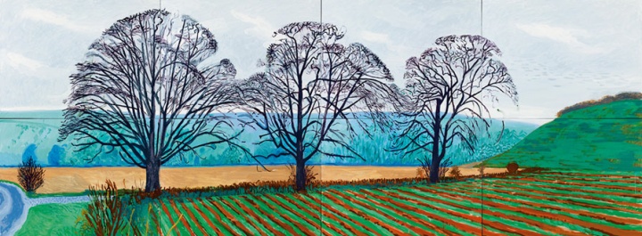 《Three Trees Near Thixendale，Winter》，182.8×487.6cm， 布面油画（8联屏），2007年，© David Hockney
