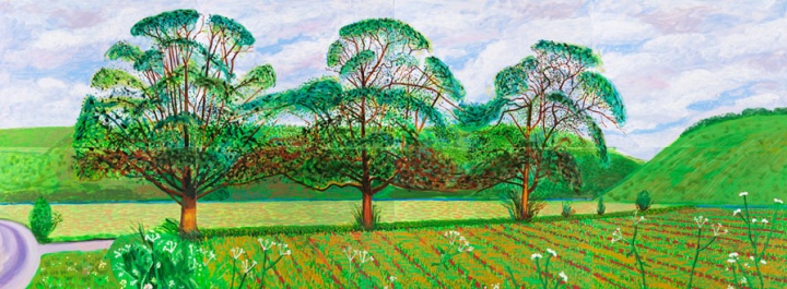 《Three Trees Near Thixendale，Spring》，182.8×487.6cm，布面油画（8联屏），2008年 ，© David Hockney   