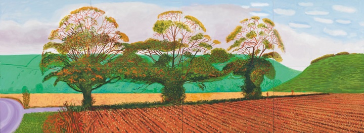 《Three Trees Near Thixendale,Autumn》,182.8×487.6cm,布面油画(8联屏),2008年 ,© David Hockney
《Three Trees Near Thixendale,Autumn》,182.8×487.6cm,布面油画(8联屏),2008年 ,© David Hockney