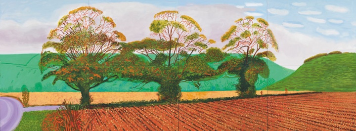 《Three Trees Near Thixendale，Autumn》，182.8×487.6cm，布面油画（8联屏），2008年 ，© David Hockney
