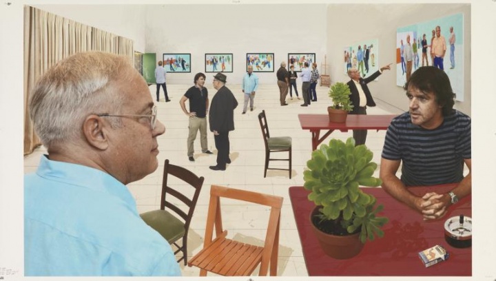 《The Red Table》,108×177cm,纸上喷绘摄影绘画,25版,装于铝塑板上,2014年,© David Hockney
《The Red Table》,108×177cm,纸上喷绘摄影绘画,25版,装于铝塑板上,2014年,© David Hockney