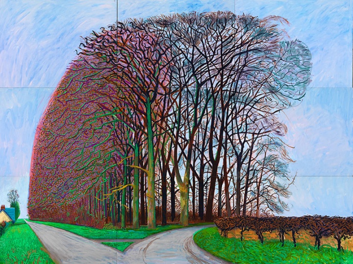 《Bigger Trees Nearer Warter,：Winter 》，274.3×365.7cm，布面油画（6张），2007年，©David Hockney
