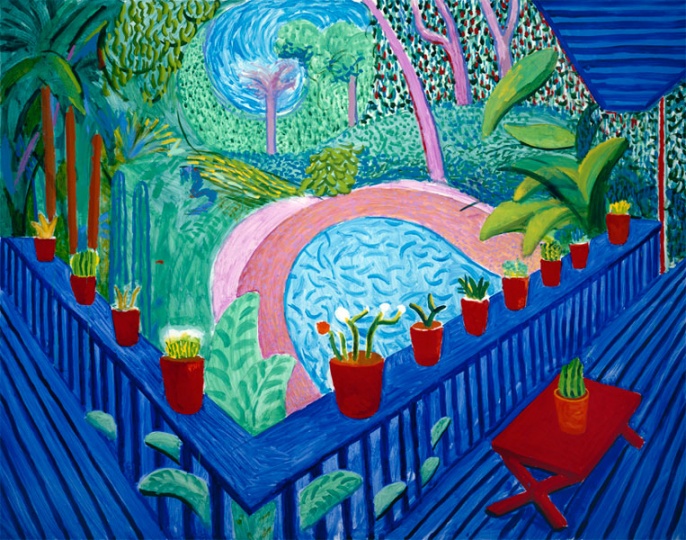 《Red Pots In The Garden》, 152.4×193cm，布面油画，2000年，© David Hockney
