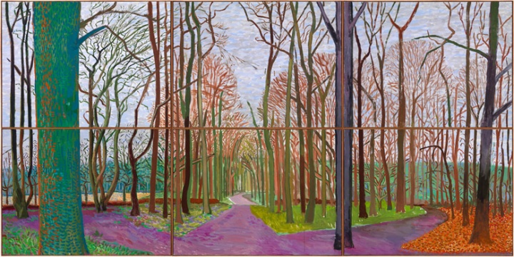 《Woldgate Woods》,182.8×365.7cm，布面油画（6张），2006年3月30日－4月21日，©David Hockney
