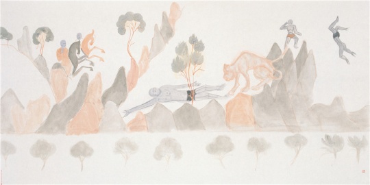 《舍身饲虎》 66.5cm×134cm 纸本水墨 2014
《舍身饲虎》 66.5cm×134cm 纸本水墨 2014