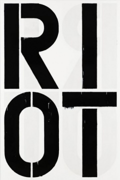 美国艺术家克里斯托弗•伍于1990年创作的黑白字母绘画《Riot》
美国艺术家克里斯托弗•伍于1990年创作的黑白字母绘画《Riot》