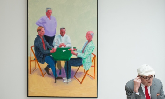 David Hockney said his friends playing cards made a good subject: ‘They sit, they ignore you, they play.’ Photograph: Leon Neal/AFP/Getty Images
David Hockney said his friends playing cards made a good subject: ‘They sit, they ignore you, they play.’ Photograph: Leon Neal/AFP/Getty Images