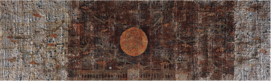 Lot 4162 &nbsp;欧阳春《琼楼玉宇》 70×240cm &nbsp;2009 布面油画贴金箔、银箔 &nbsp;估价：20-40万元
