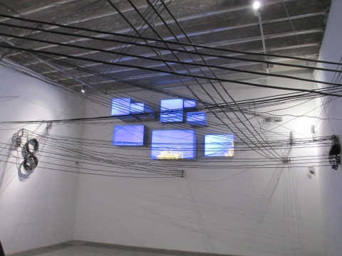 前景为李景湖作品​用电线反映周围现实的《命运》、后为胡向前作品《北京天空》