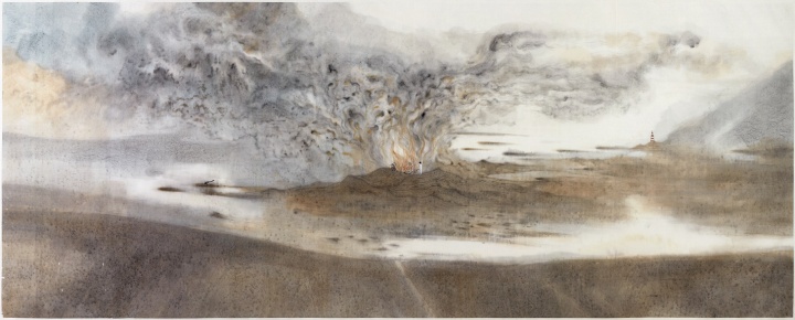 《我烧了自己的房子背朝大海再不回来》145×370cm 纸本设色 2013
《我烧了自己的房子背朝大海再不回来》145×370cm 纸本设色 2013