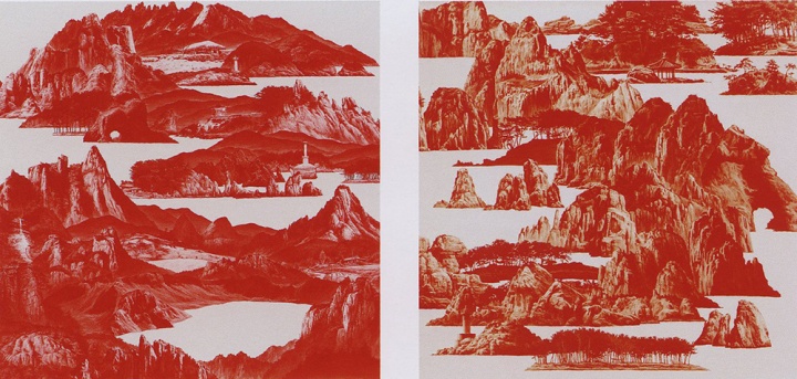 韩国艺术家李世贤的《红色之间-山水》奠定了红山餐厅的主色调和展示作品的类别