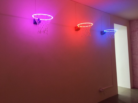 周文斗 《脆弱状态》 37 × 37 × 50 cm    霓虹灯、篮球网、铝板    2013
