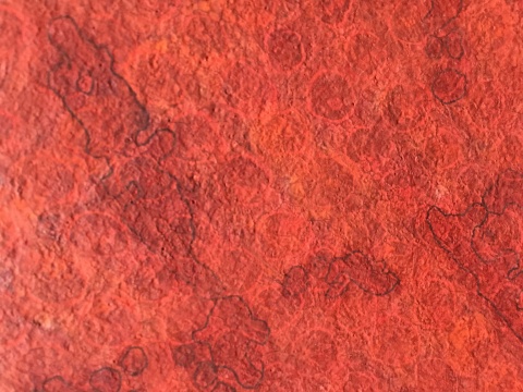 李威的作品使用了多种不同的红色系颜料,经过将近三十多次的点染,使