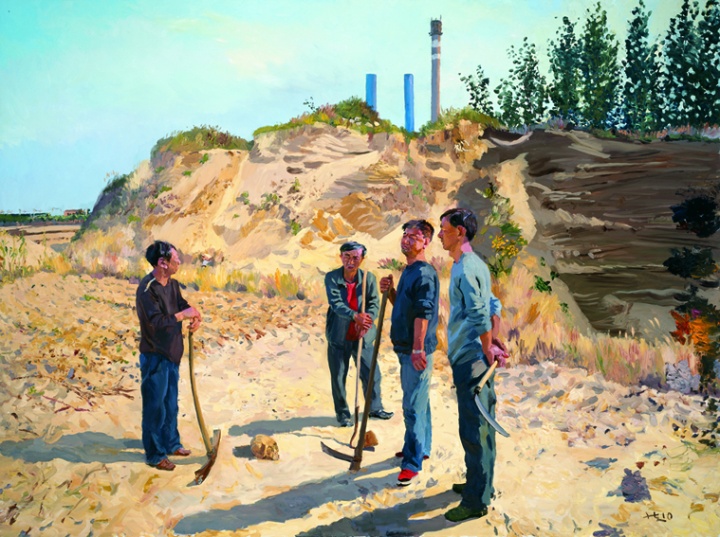 《我的埃及》300x400cm 布面油画 2010
四个兄弟围着在坟场挖出来的头骨
小时候这里大得就像埃及金字塔，我还想在里头刨出骨头什么的。这就是我心中的沙漠。（10月4日日记）
