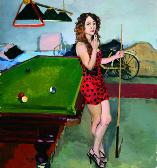《小豆在台球厅闲着》150x140cm 布面油画 2010
《小豆在台球厅闲着》150x140cm 布面油画 2010