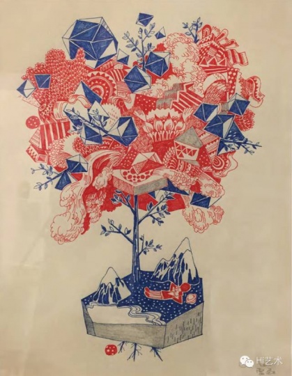 雷磊 《树》 42×32cm 红蓝圆珠笔、画框上马克笔 2014
雷磊 《树》 42×32cm 红蓝圆珠笔、画框上马克笔 2014