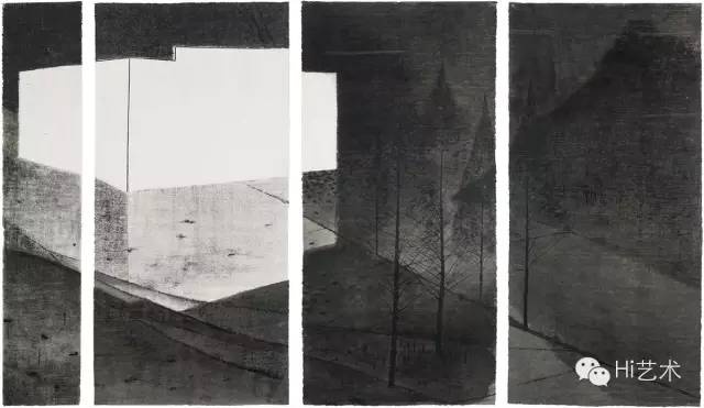 沈勤 《黑水墨村No.1》 137×27cm、137×65cm×3 纸本水墨 2013
沈勤 《黑水墨村No.1》 137×27cm、137×65cm×3 纸本水墨 2013