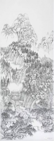 陈浚豪 《临摹五代巨然万壑松风图》 280×108cm 不锈钢蚊钉、画布、木板 2011
