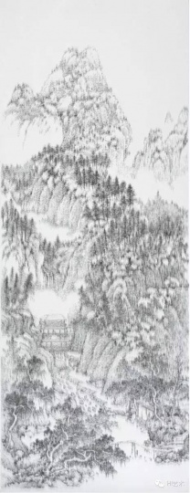 陈浚豪 《临摹五代巨然万壑松风图》 280×108cm 不锈钢蚊钉,画布
