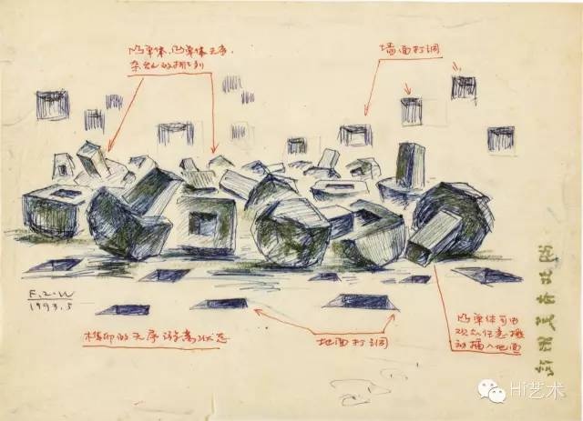 傅中望 《世纪末人文图景》创作手稿 19×26cm 纸本、圆珠笔、铅笔棒 1993
