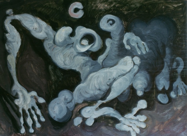 《夜晚中的两个体积》79×105cm 纤维板上纸板油画 1984
