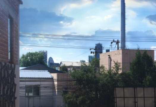 从德萨画廊北京二层窗户望去的风景,展厅唯一展出的摄影作品《探针》 从德萨画廊北京二层窗户望去的风景,展厅唯一展出的摄影作品《探针》