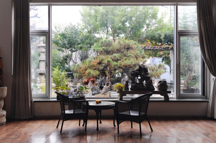 从工作室休息区望出去，尹朝阳造了一个中式庭院
