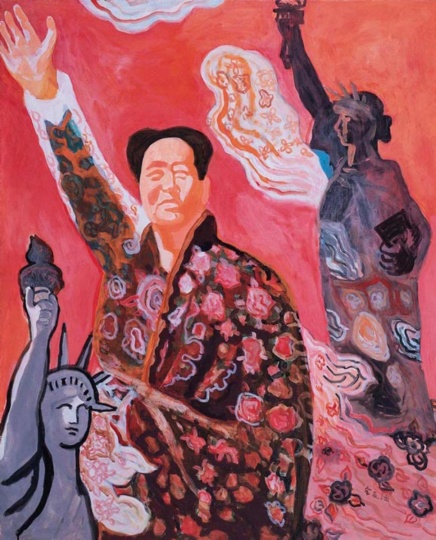 余友涵《毛主席和自由女神像》油彩画布110x90cm1995年 何式家族集团于保利香港2015年春季拍卖会上购得
