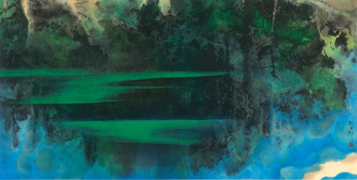《两抹翠绿明镜池-九寨沟系列8》 69×136.5cm 水墨纸本 2001
《两抹翠绿明镜池-九寨沟系列8》 69×136.5cm 水墨纸本 2001