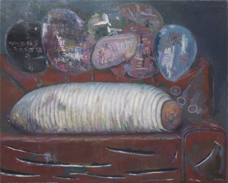 孔千 《十梦寒食帖》 155×193cm 布面油画 2008 这张作品是展厅放置的第一张画，可以很好地反映孔千作品中的问题意识

