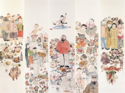 李津 《盛宴（五张一组）》 &nbsp;215×52.5cm×5&nbsp;&nbsp;设色纸本 &nbsp;2007 &nbsp;成交价：284万港币 &nbsp;由亚洲收藏家竞得刘丹&nbsp;《玲珑石》 &nbsp;209.6×148.3cm &nbsp;设色纸本 &nbsp;2008 &nbsp;成交价：320万港币 &nbsp;由欧洲收藏家竞得
